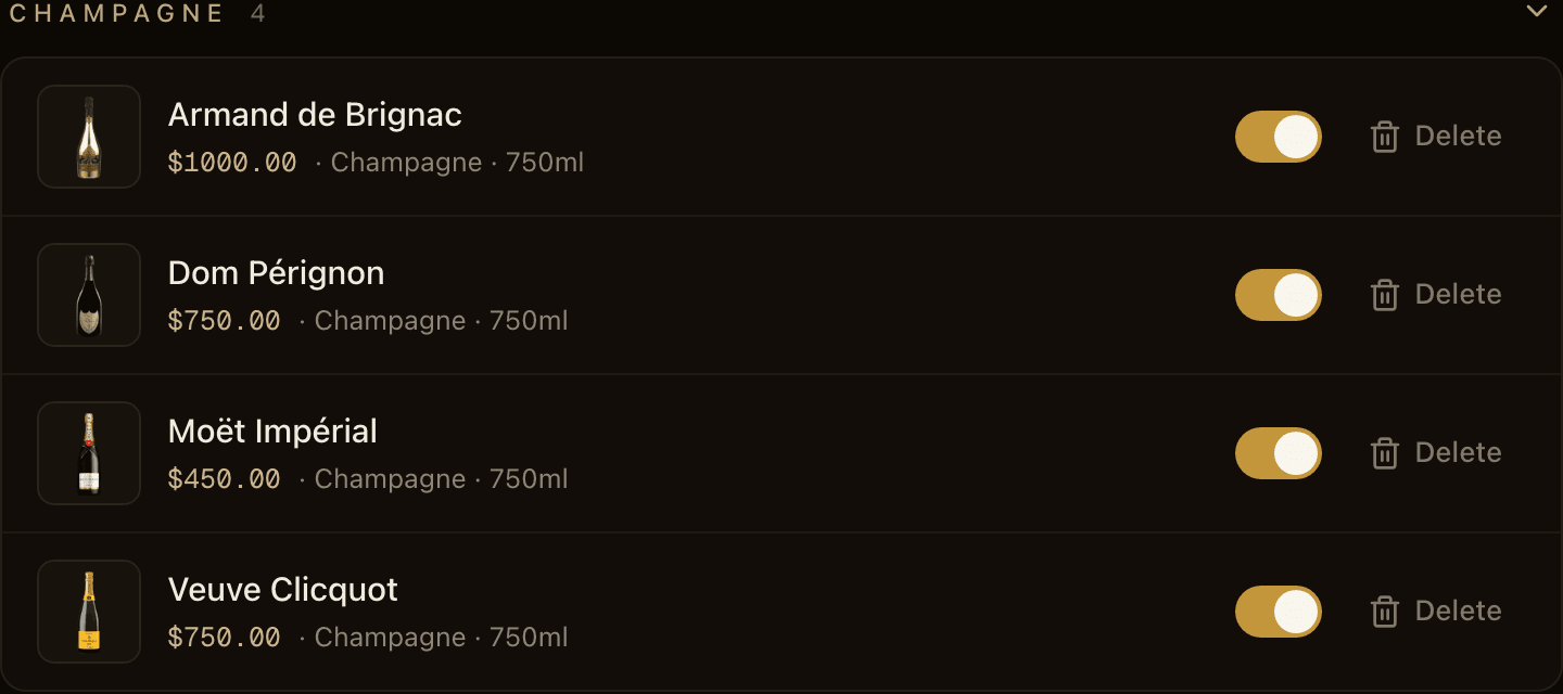 The menu editor: champagne bottles with prices and availability toggles