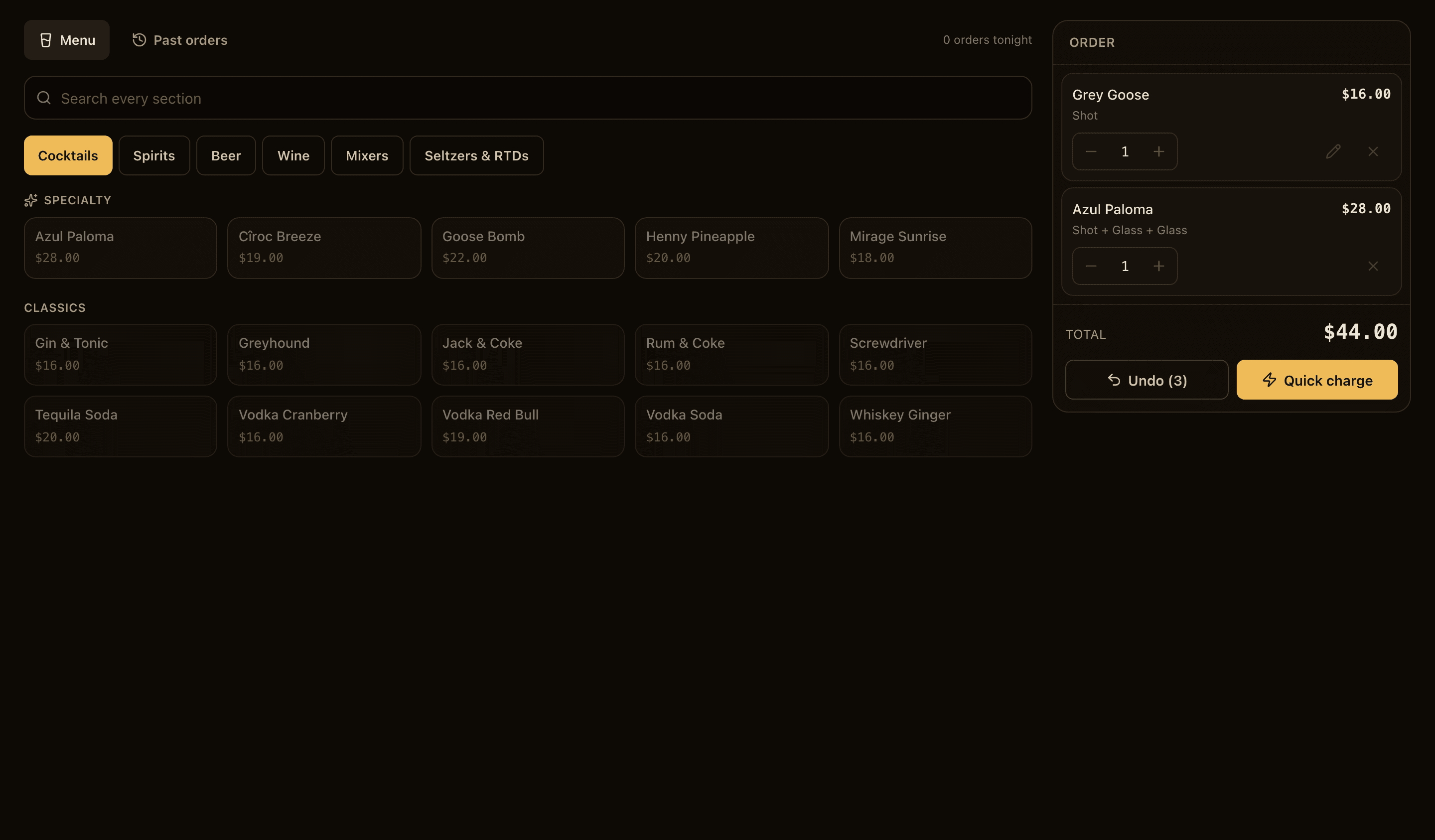 The order panel immediately after charging: an Undo countdown beside Quick charge