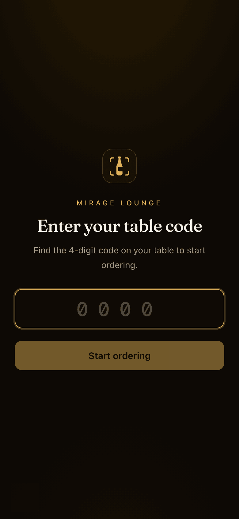 The table join screen: enter your table code, with a 4-digit input and a gold Start ordering button