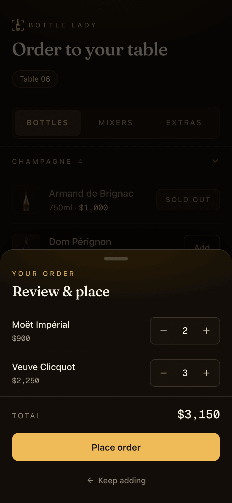 The review sheet: two Moet Imperial and three Veuve Clicquot, total $3,150, with a gold Place order button