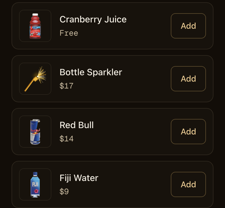 Upsell suggestion rows: Cranberry Juice free, Bottle Sparkler $17, Red Bull $14, Fiji Water $9