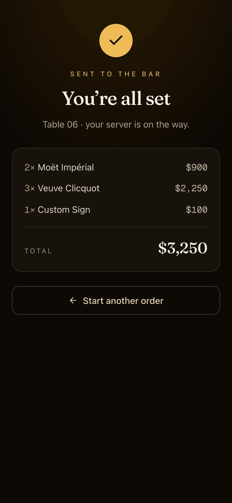 Order confirmation: you're all set, an itemized round with a Custom Sign line and a $3,250 total