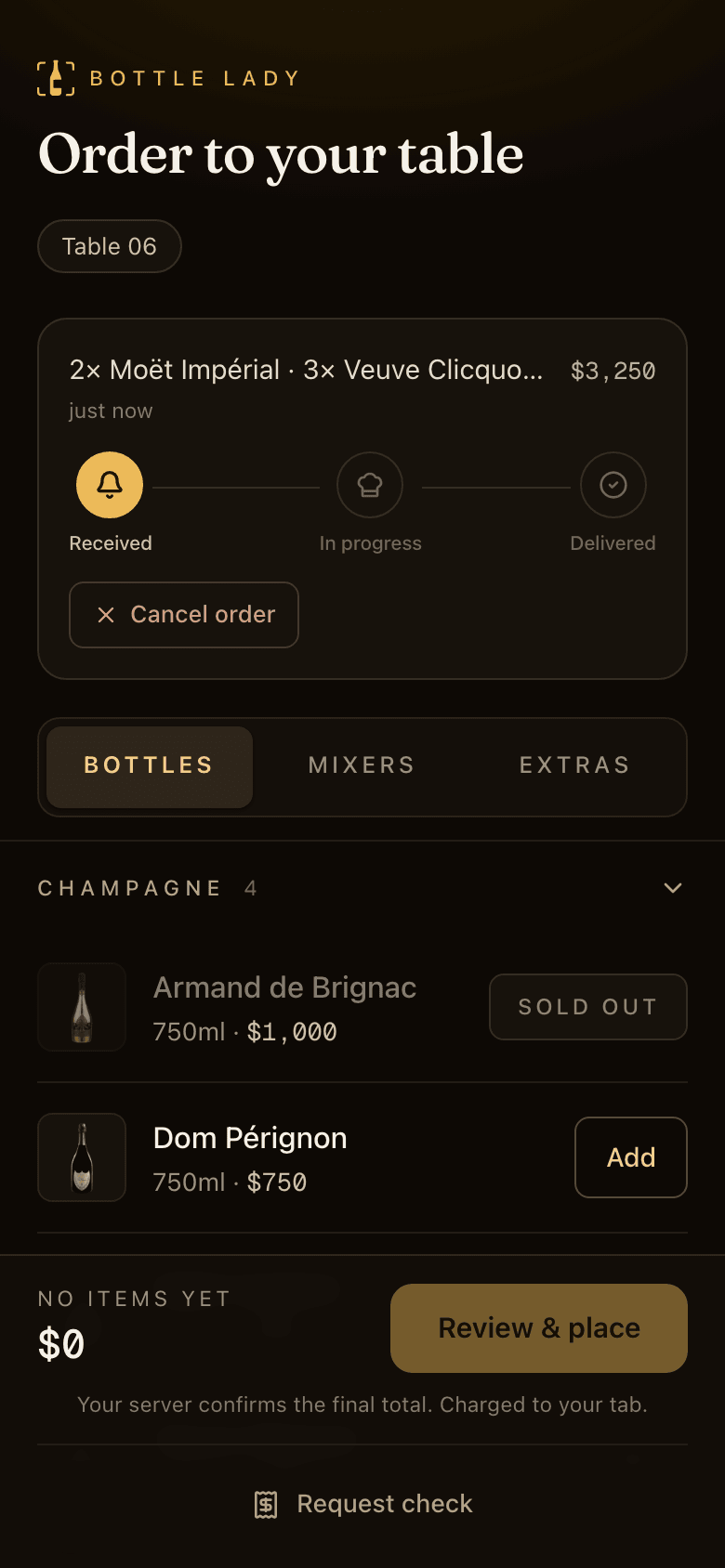 The menu with a live status strip tracking the order from received to delivered, with a cancel action
