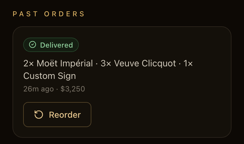 Past orders showing a delivered $3,250 round with a Reorder button